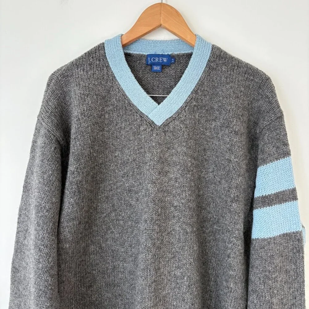 J. Crew Vintage 90s Mens Wool Sweater LT Gray Blue Trim Striped Sleeve Hong Kong
